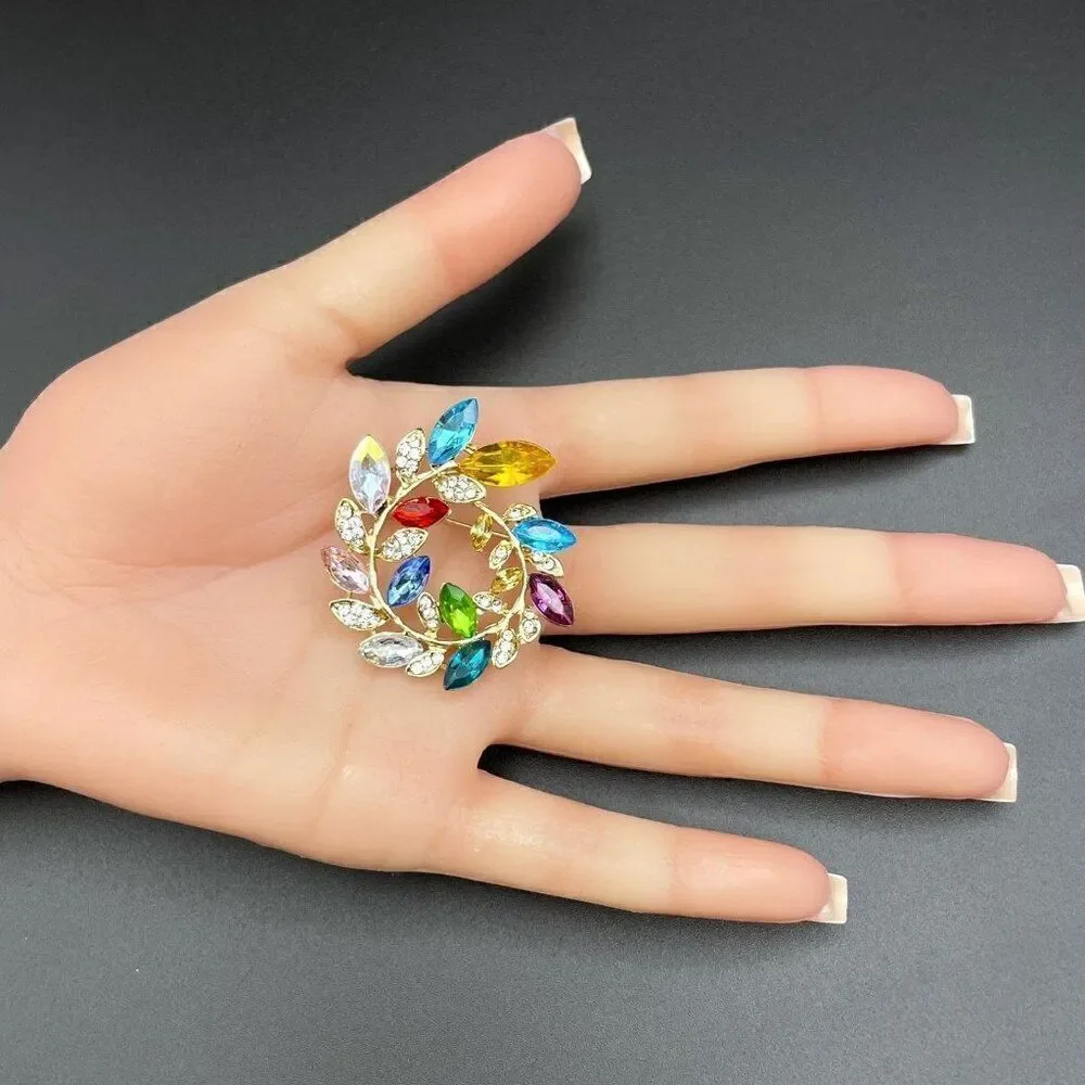 Yellow Gold with Multicolored Crystal Floral Leaf Wreath Pin Back Brooch